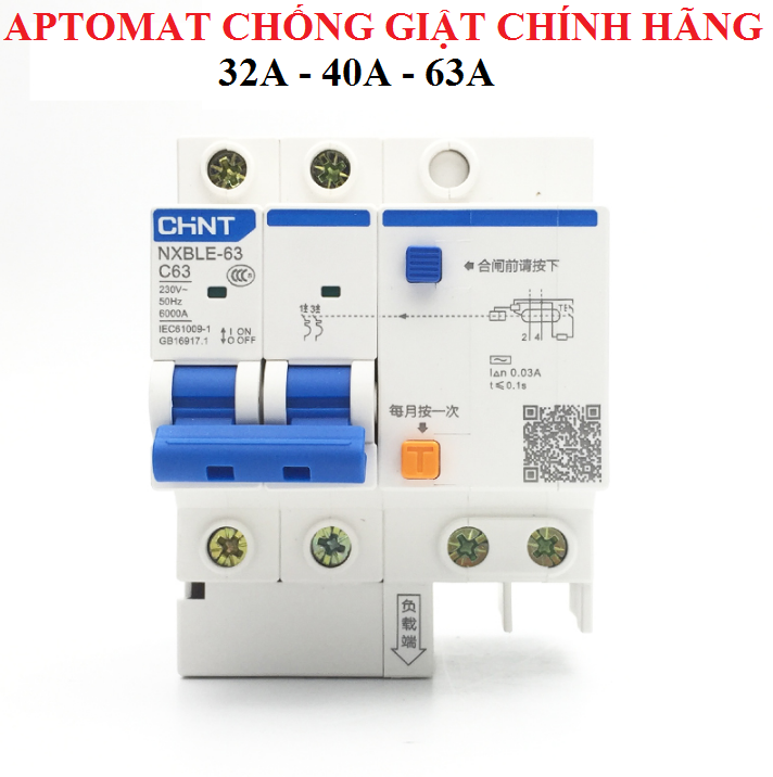 Aptomat chống giật cầu dao chống giật CHINT NXBE 2P 32A 40A 63A chống dòng dò lắp đặt bình nóng lạnh tủ lạnh bảo vệ an toàn cho bạn