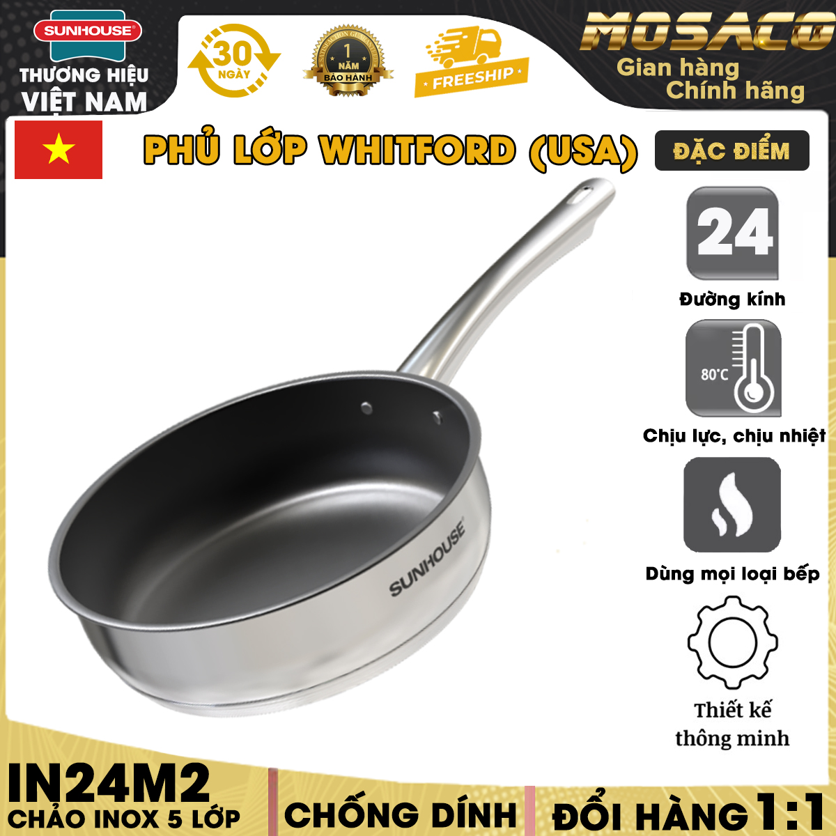 Stainless steel wok 5 bottom Sunhouse 24cm IN24M2, coating non-stick layer Whitford, imported from American Dupont. Wok with solid handle, good heat resistance, not afraid to burn when moving, user is on all kinds of kitchen-mosaco