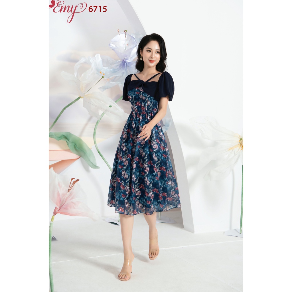 Đầm EMY EM6715 Xoè Midi Cổ Phối Dây