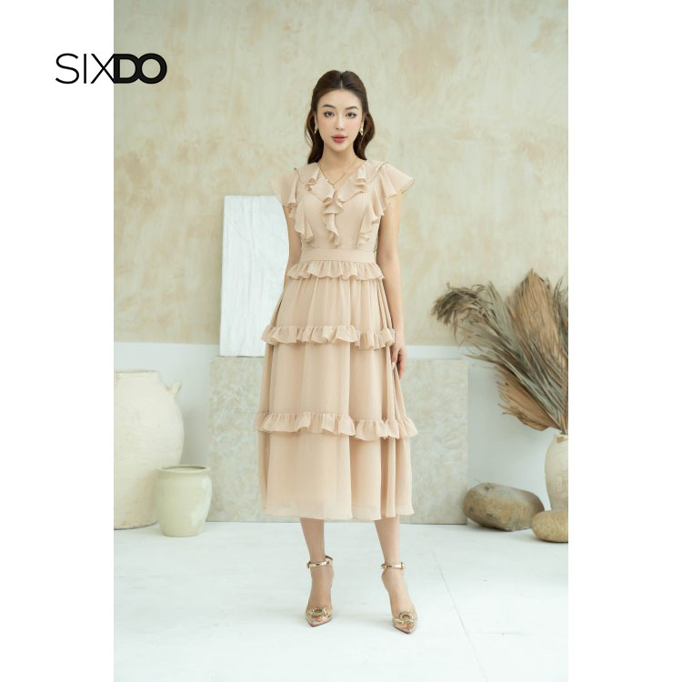 Đầm midi voan cổ v bèo tay hến sixdo