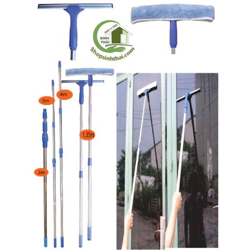 Bộ cây lau chùi kính inox hai đầu lau cán có thể kéo dài 230cm