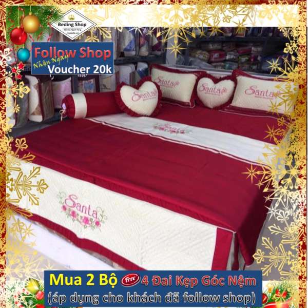 Trọn Bộ chăn ga gối Phủ SANTA - STD-1m8x2m  (Đỏ phối kem )