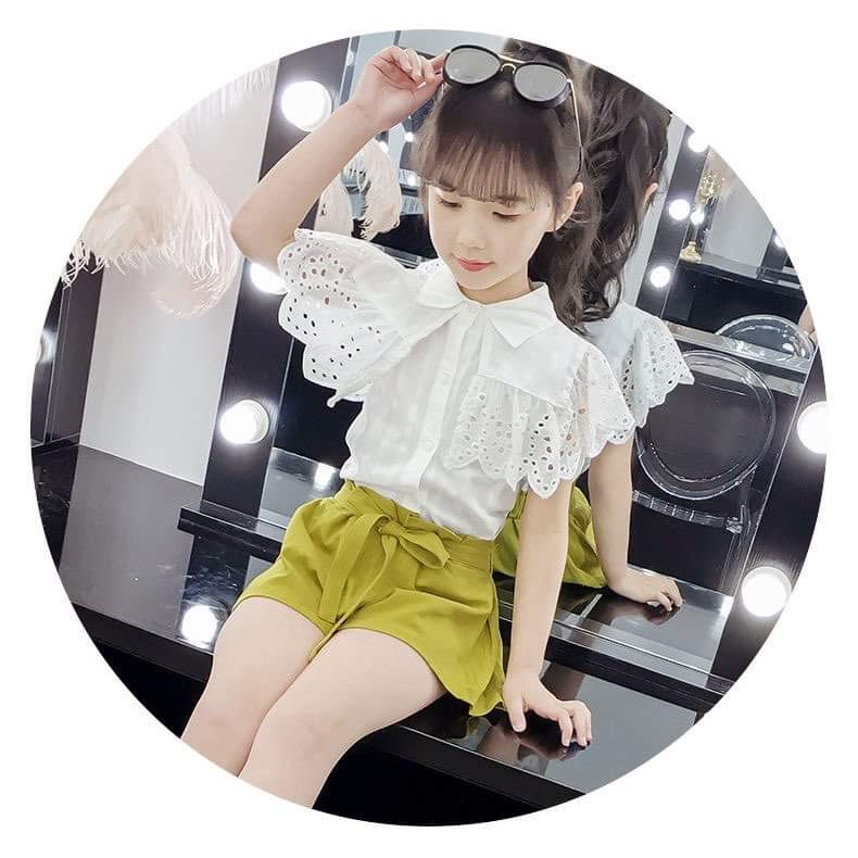 Sét đồ tiểu thư áo cánh dơi quần giả váy dành cho bé gái, quần kaki xanh giã váy co dãn giúp bé dễ vận động