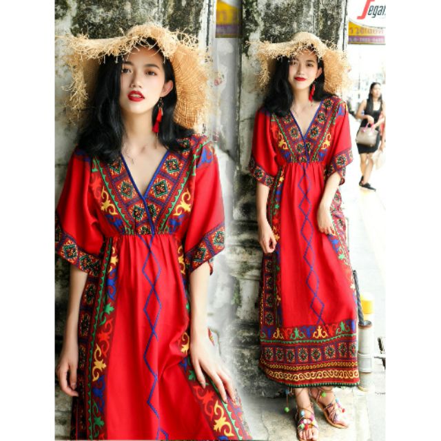 Váy đầm maxi boho thổ cẩm hoạ tiết hoa lá thắt dây eo tay dài bồng vintage  cổ điển đi chơi đi biển | Lazada.vn