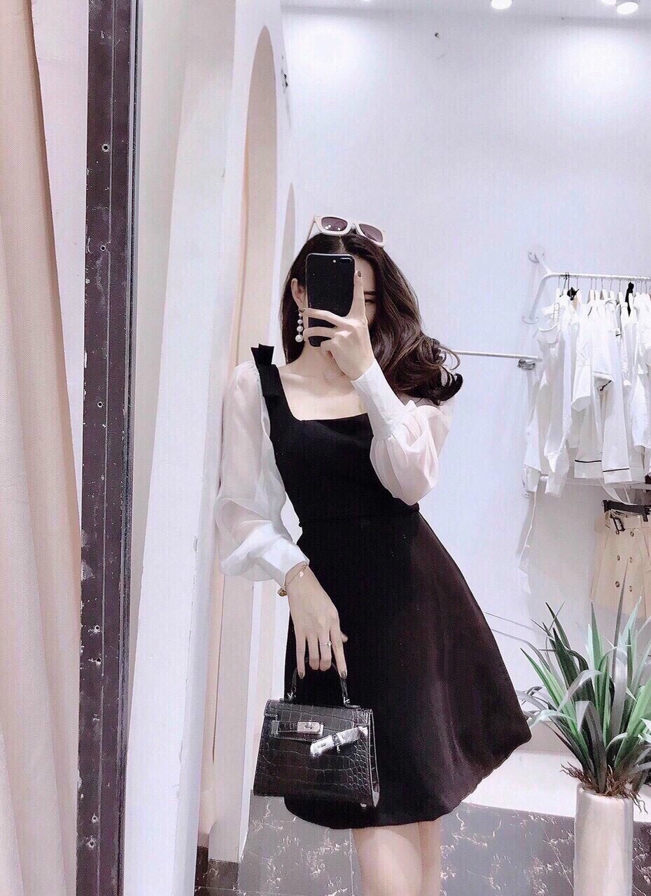 Đầm cát hàn phối tay voan cổ vuông phối nơ vai xinh xắn TTSA0883