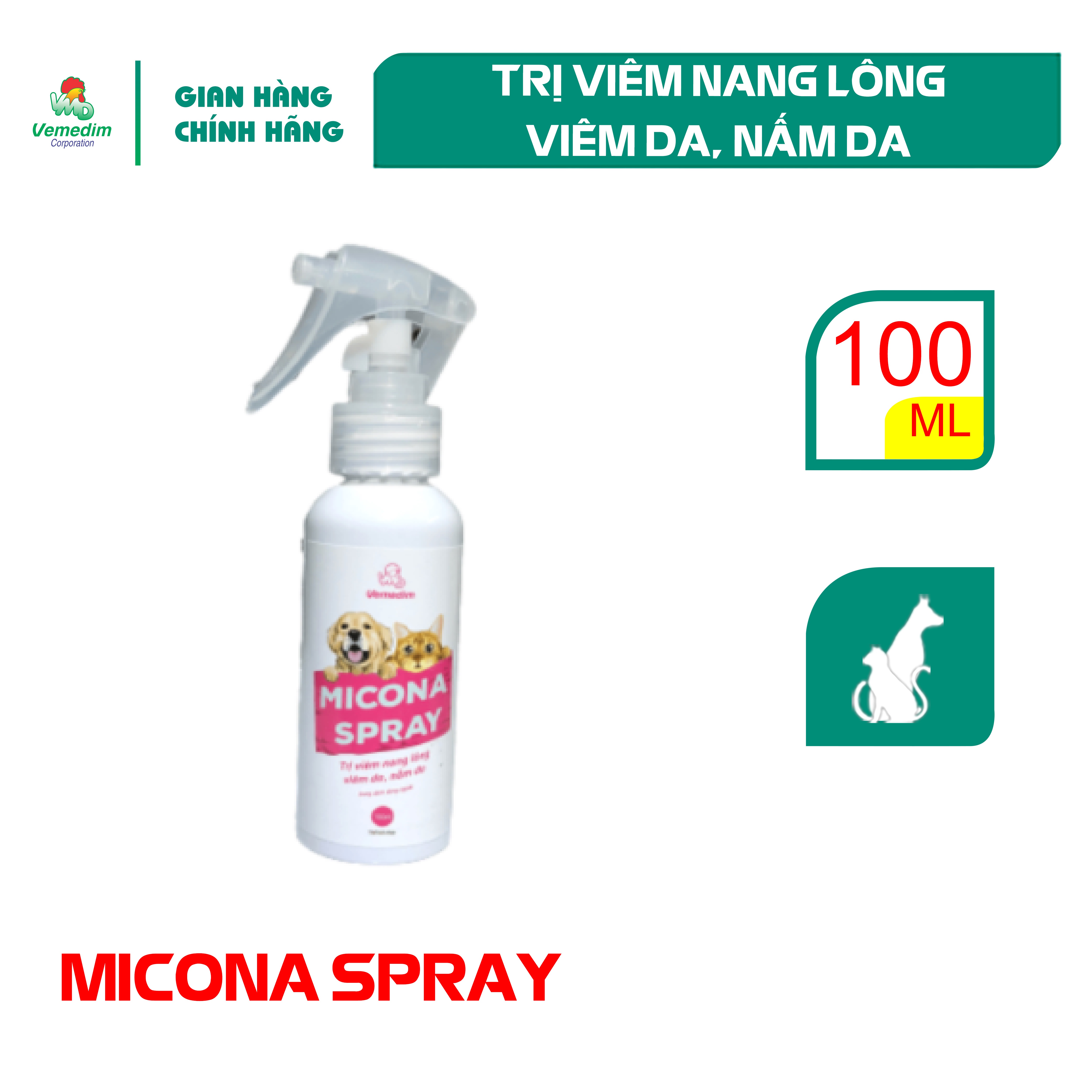 "Hoàn tiền đến 10%" Vemedim Micona Spray trị viêm nang lông, viêm da, nấm da cho chó, mèo, dùng được cho cả chó con và mèo con, chai 100ml