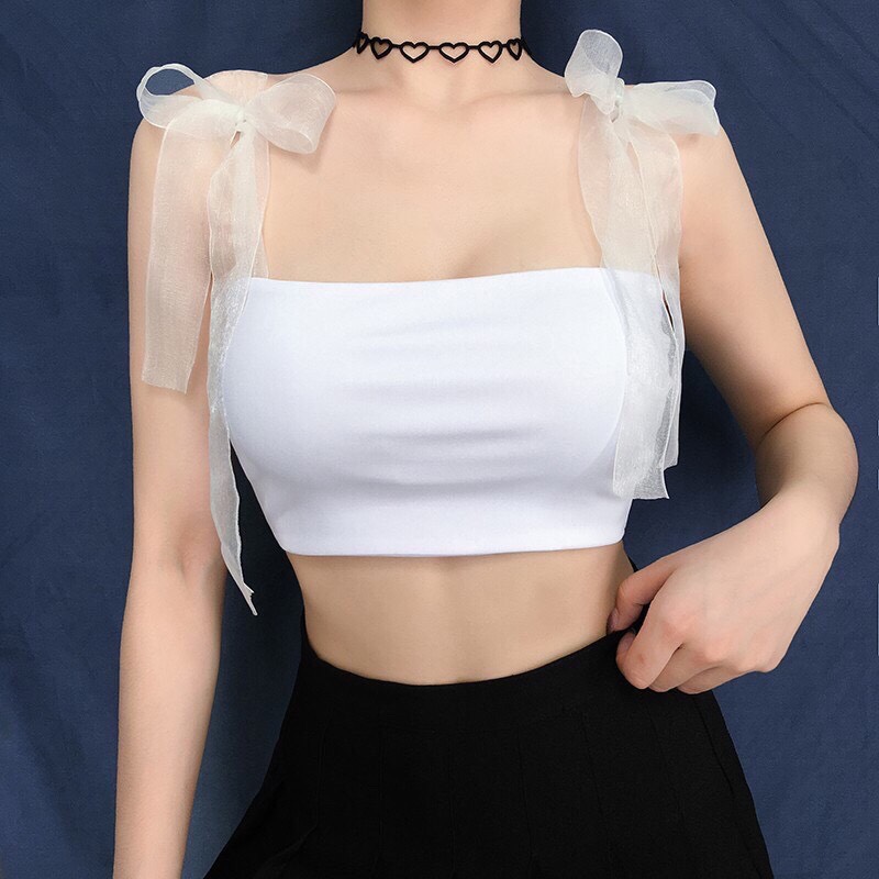 Áo 2 dây ruy băng buộc nơ vai xinh xắn dáng croptop xinh xinh