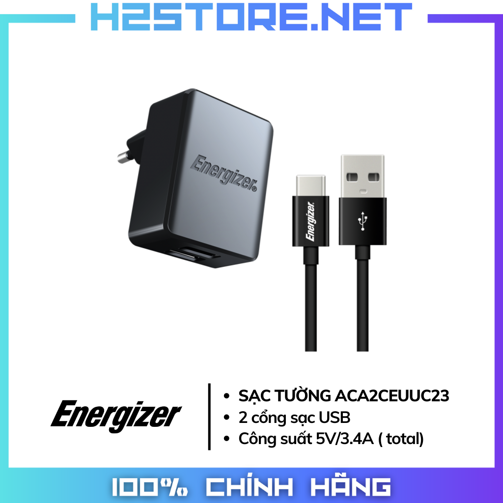 Sạc tường Energizer 3.4A 2 cổng USB kèm cáp USB-C 2.0 - ACA2CEUUC23