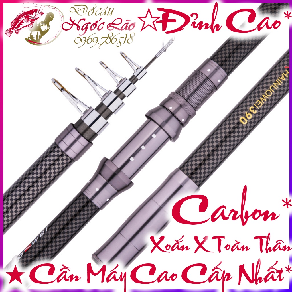 Cần câu máy rút gọn siêu cao cấp - carbon xoắn x 100% - cực khỏe - siêu bền - chuyên câu cá xa bờ, câu iso, câu lăng xê, câu lục...