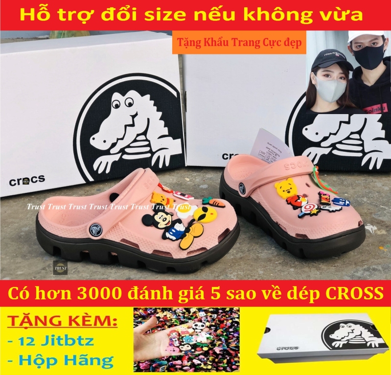 Dép sục Cross duet quai ngang nam và nữ màu hồng đế nâu, cá tính siêu nhẹ đi mưa đi nắng thoải mái chống trơn trượt, có nhiều lỗ thoát hơi thông thoáng, tặng kèm 12 jitbitz và hộp hãng - có hình thật và video tự quay giá rẻ