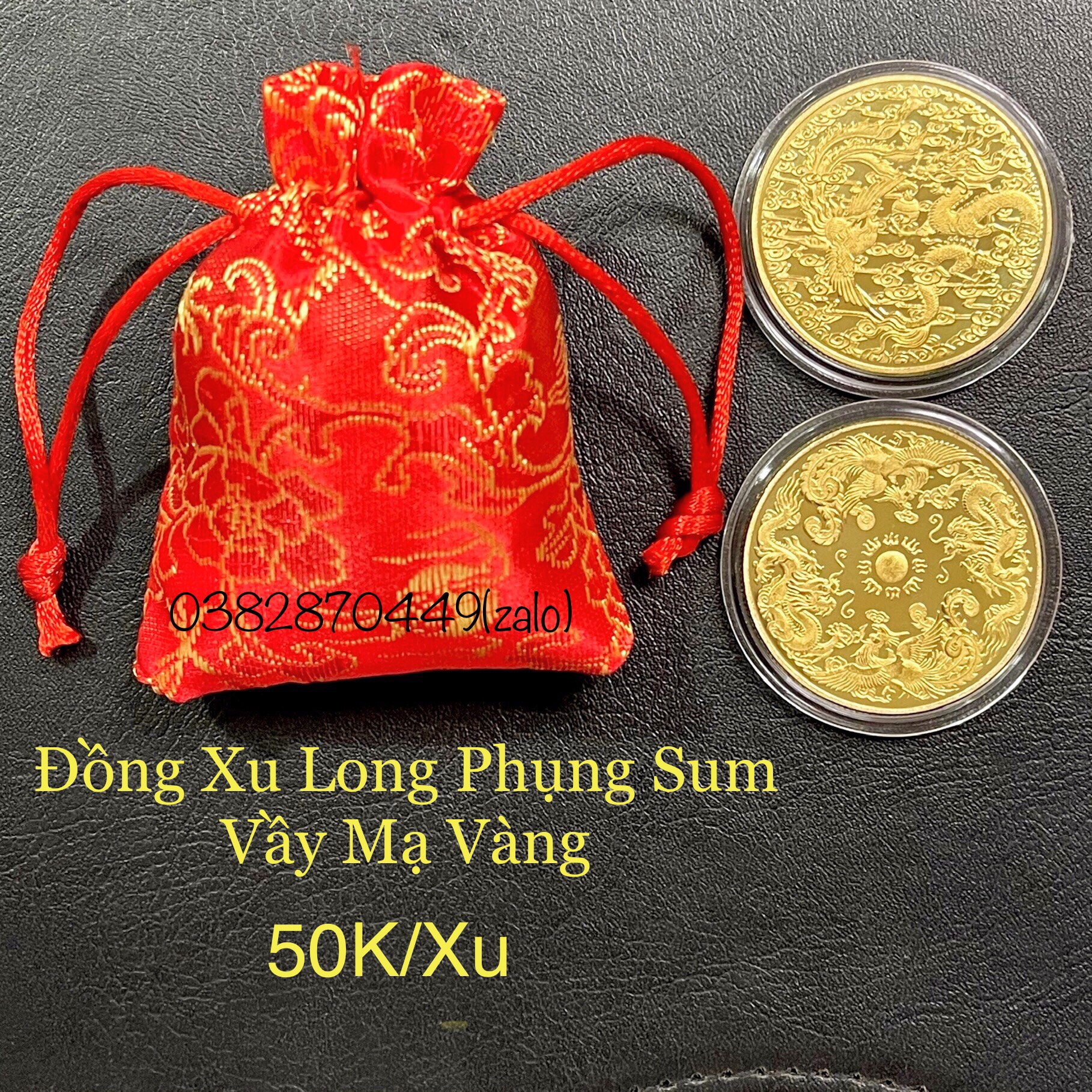 Đồng xu long phụng sum vầy mạ vàng tặng túi gấm