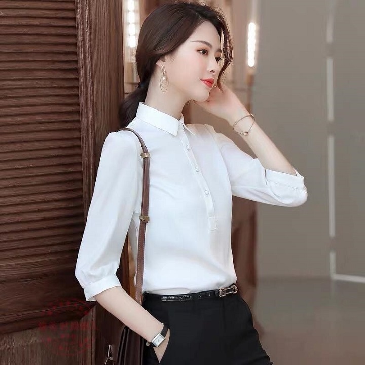 Áo Sơ Mi Nữ Công Sở Tay Lỡ Cài Nút Ngực