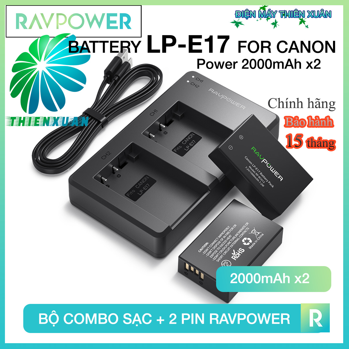 Bộ 2 pin và sạc kép RAVPower LP-E17 RP-BC013 cho Canon EOS 77D, EOS 750D, EOS 760D, EOS 8000D, EOS M3, EOS M5, EOS M6 EOS RP