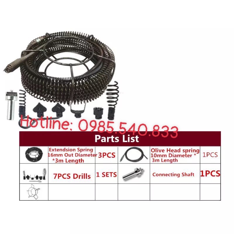 Dây thông tắc cống dùng cho máy khoan ( 3M dây + 6 đầu thông + 1 đầu kết nối máy khoan )