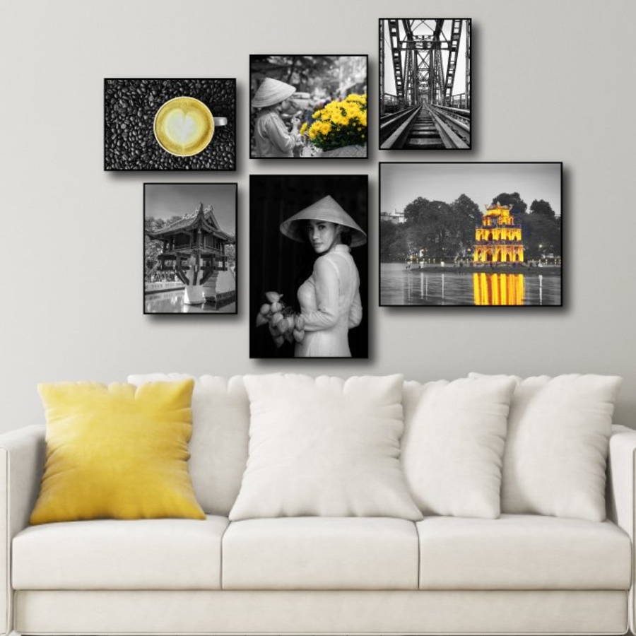 Bộ tranh 6 tấm treo tường Hà Nội Xưa tranh vải Canvas treo tường có khung nghệ thuật làm quà tặng [tặng đinh treo - không cần khoan tường]