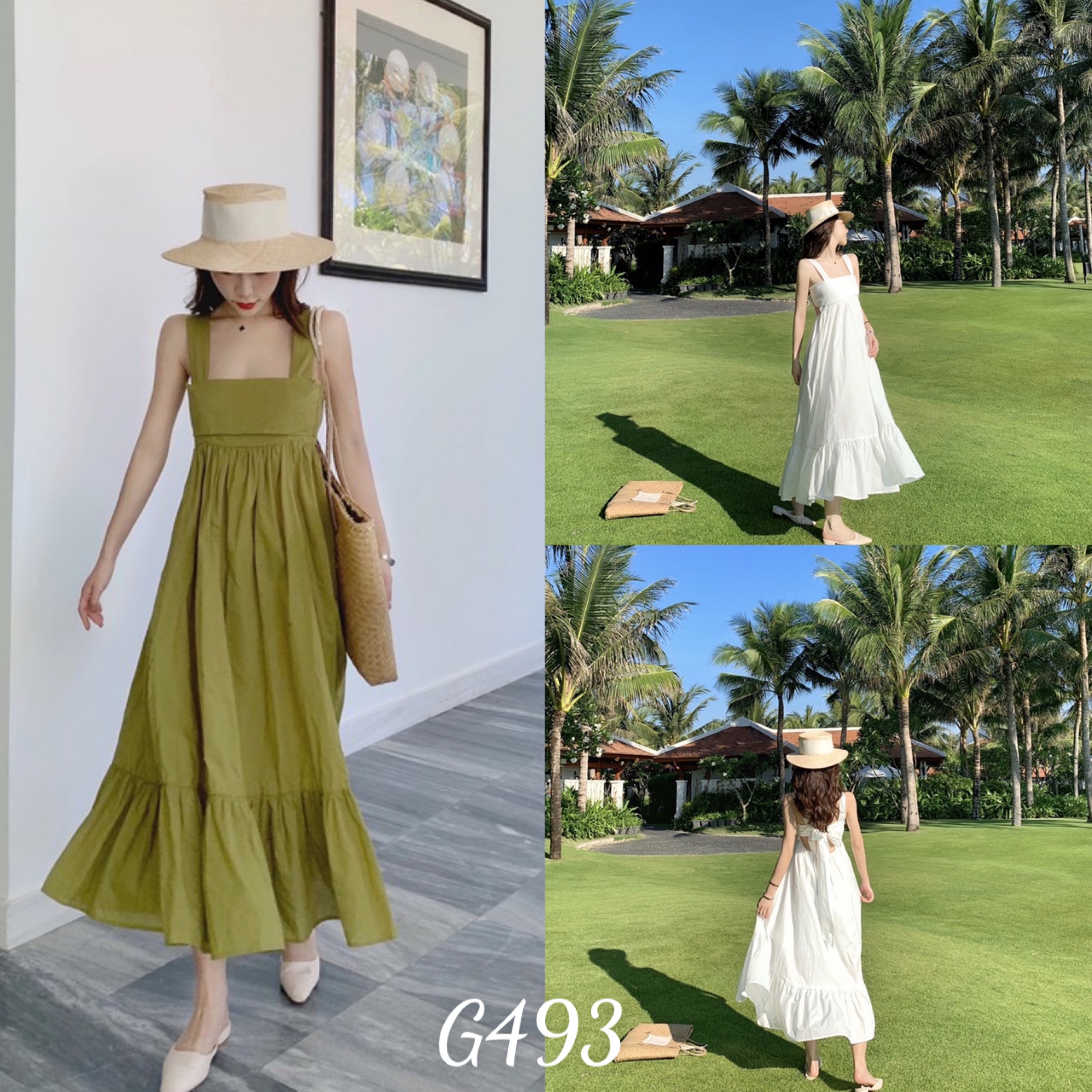 Đầm xoè nữ maxi đi biển kiểu nơ lưng voan lụa G493