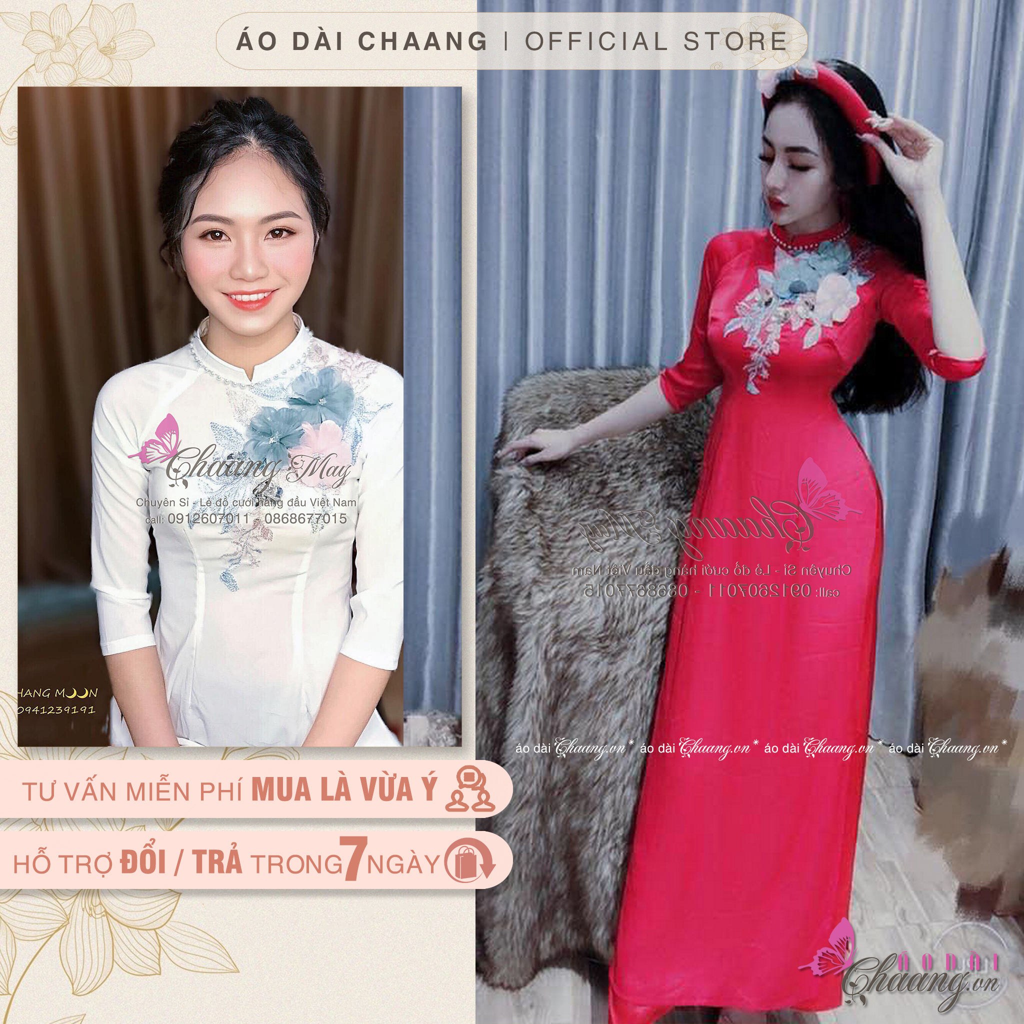 Áo dài truyến thống đính ren nổi 3D nhiều màu kèm quần