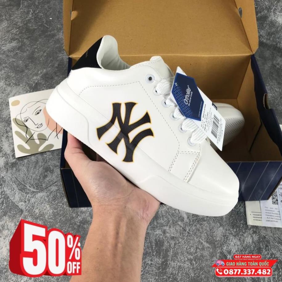Giày thể thao nam nữ MLB NY màu trắng chữ đen Full Box - Giày NY độn đế tăng chiều cao nam nữ cao cấp hot trend 2022