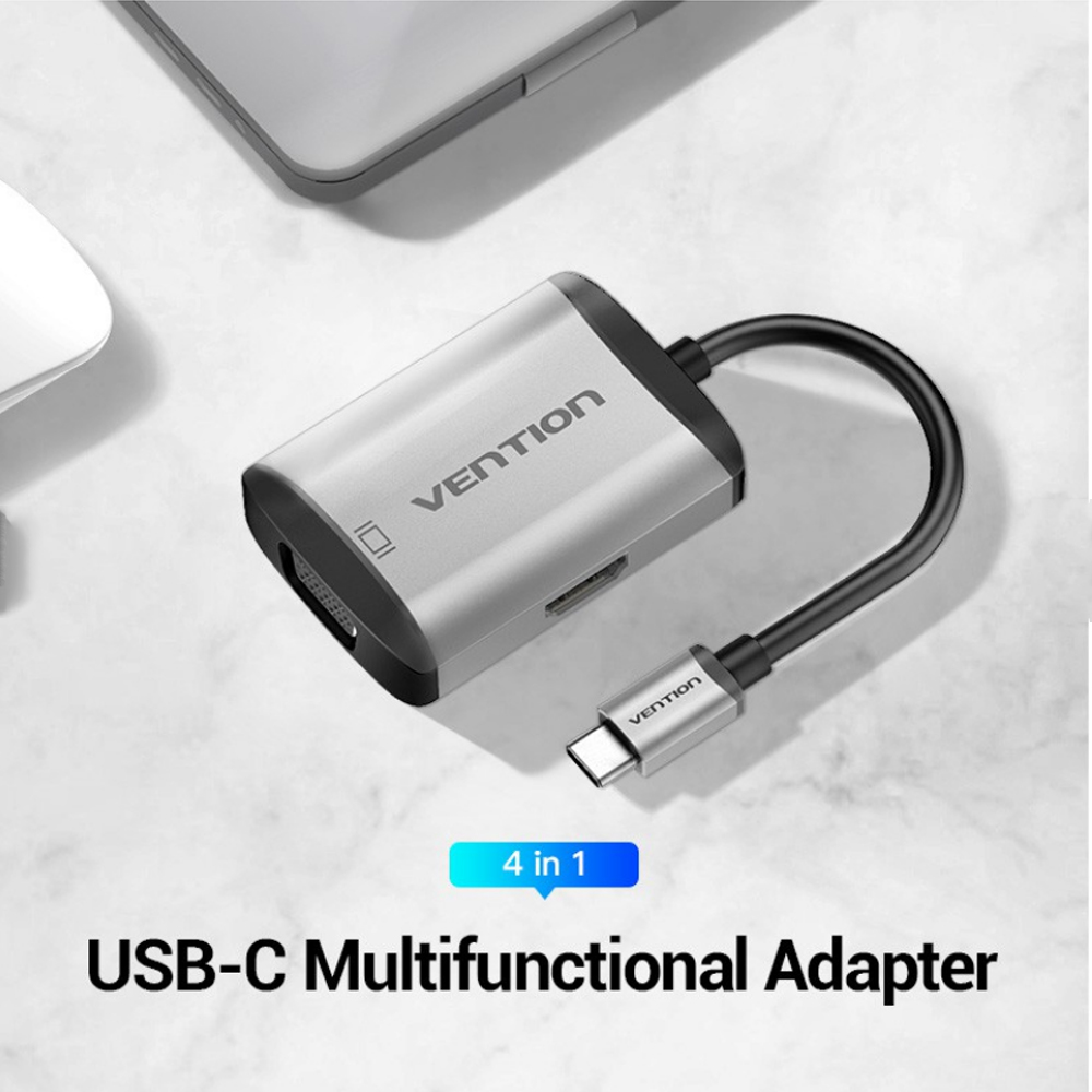 Type C - Cáp chuyển USB Type C to HDMI + VGA + USB + PD (87W) Vention TFAHB(4 in 1)