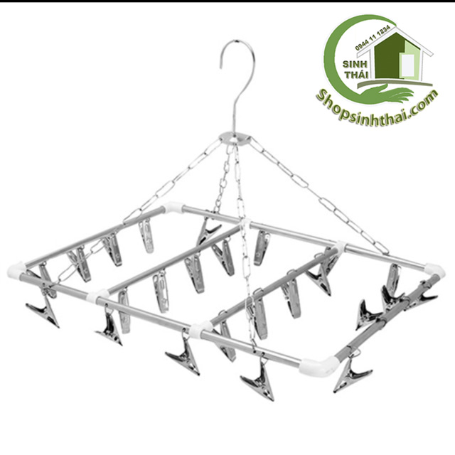 Móc dù inox treo phơi quần áo trẻ em 28 kẹp, móc dù xếp gọn hình chữ nhật