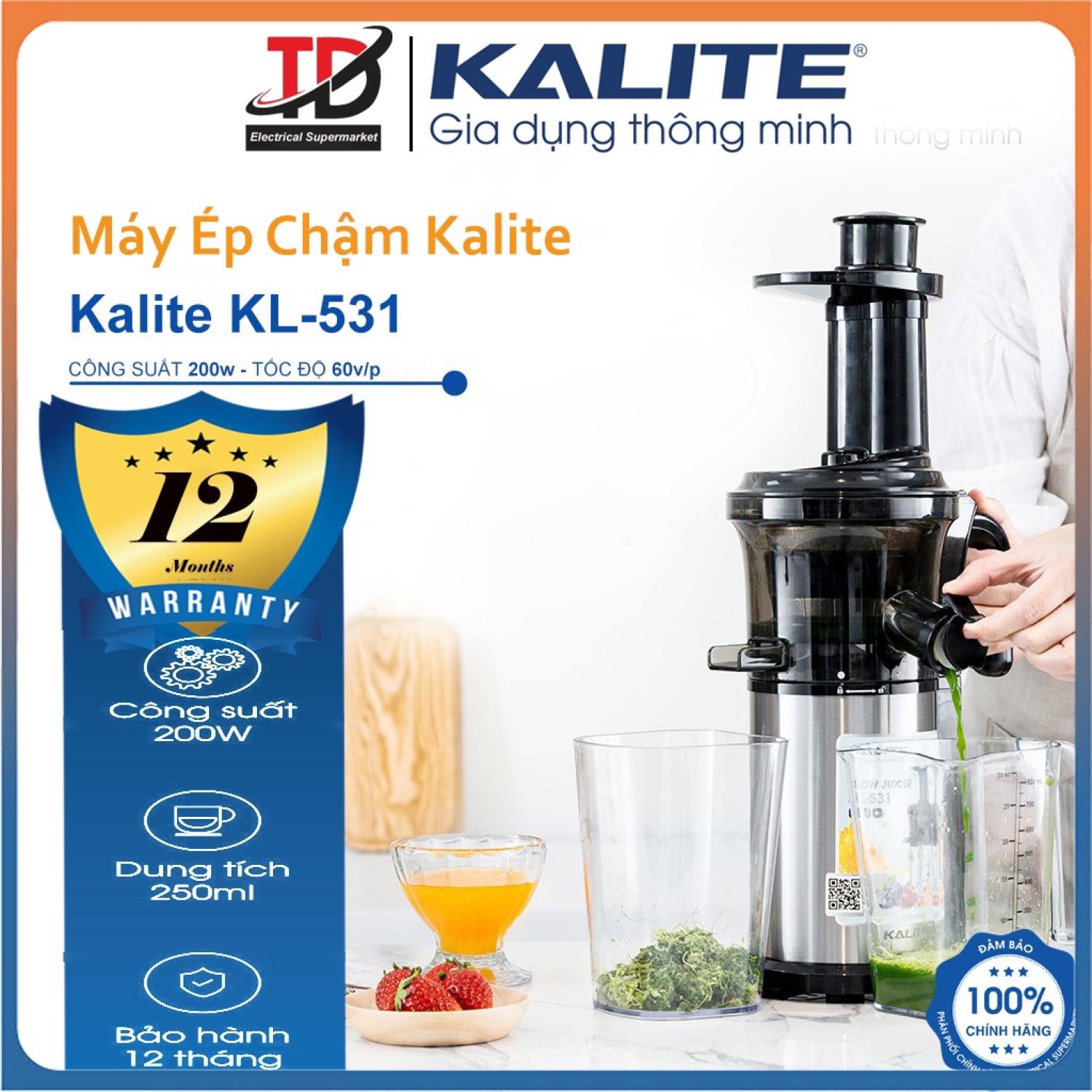 Máy Ép Chậm Kalite KL531,Công suất 200W ép trái cây kiệt bã, hàng chính hãng