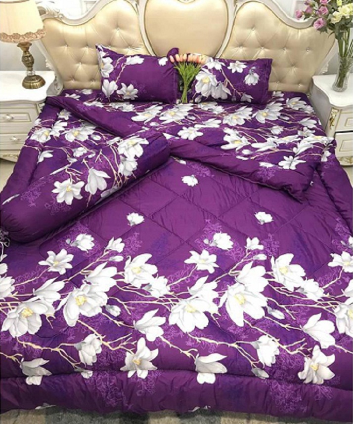 Set Vỏ Chăn Ga Gối Cotton Poly Mẫu Lan Tím