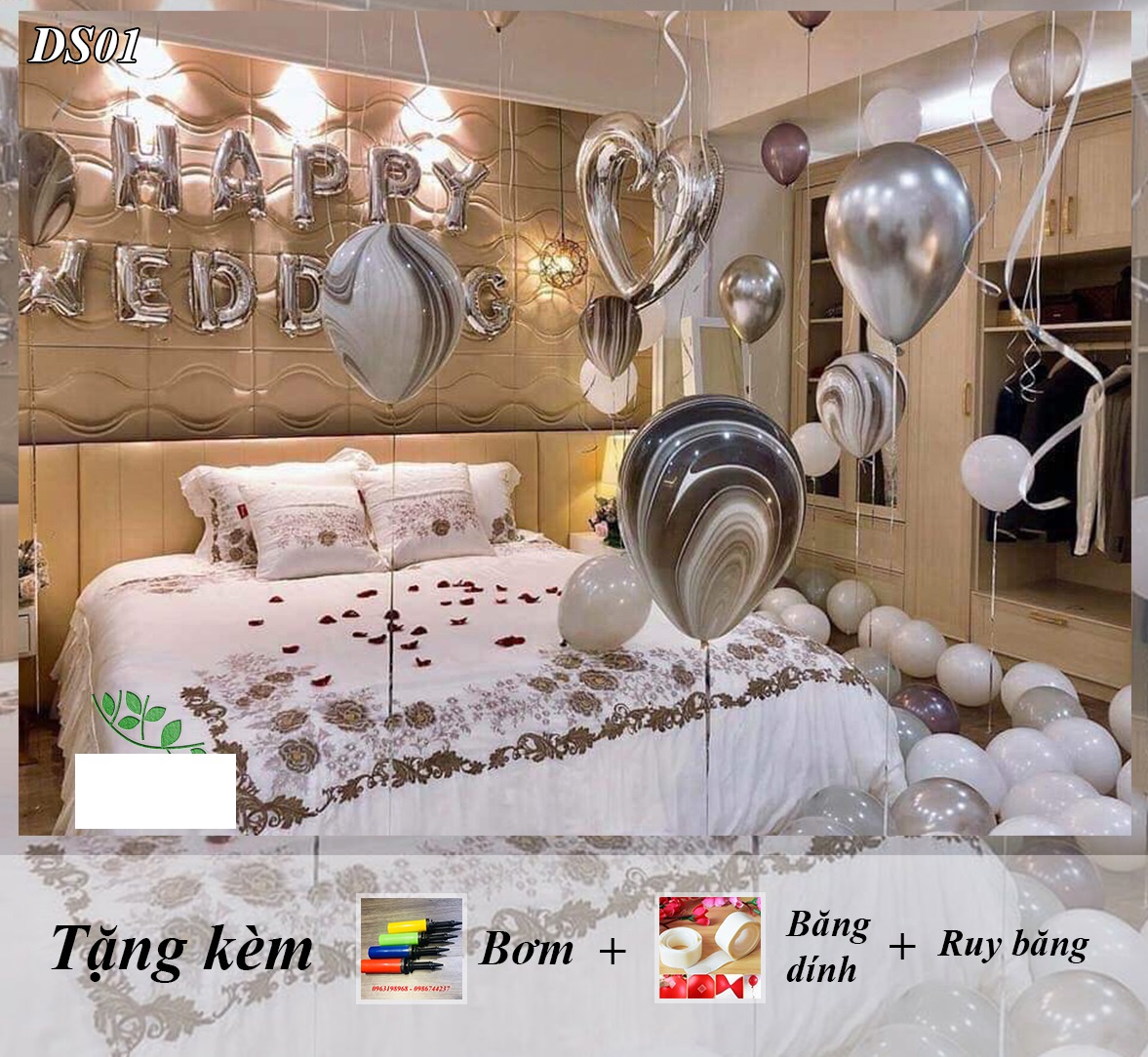 Trang trí đám cưới freeship set bóng bay trang trí phòng cưới, đám cưới màu bạc