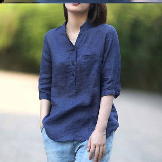 áo sơ mi nữ cổ trụ,chất đũi - A25