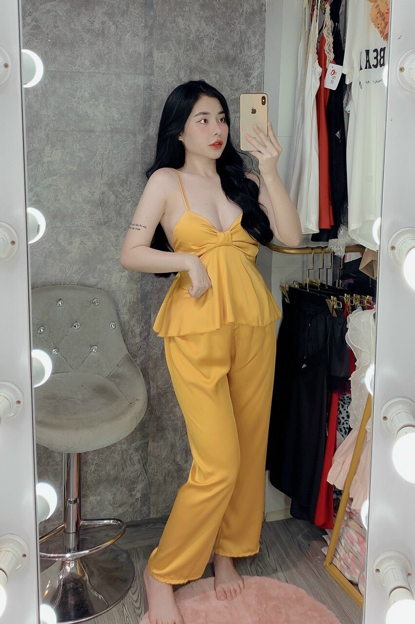 Đồ ngủ lụa nơ satin quần dài dễ thương cao cấp