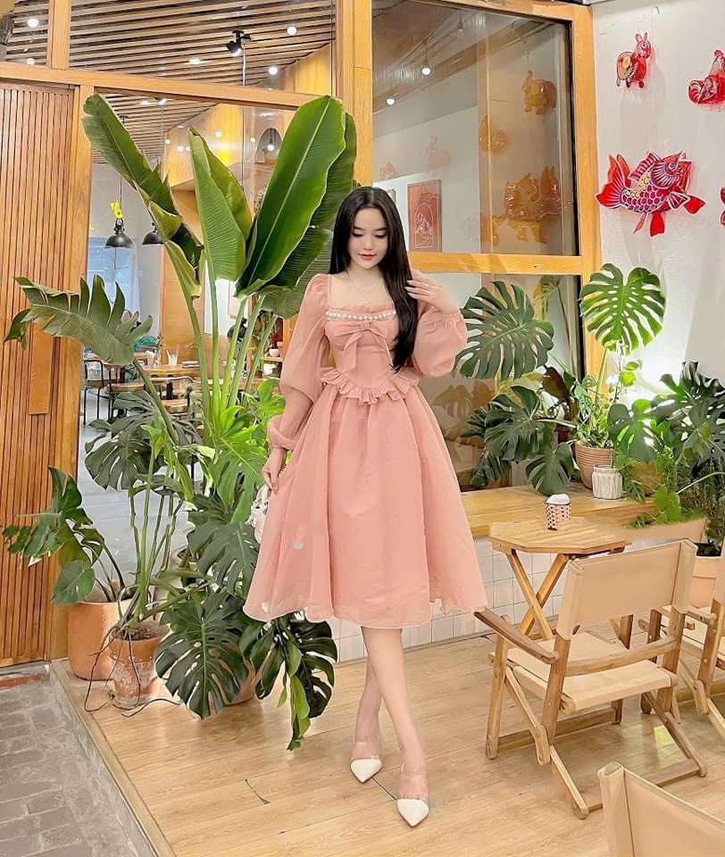 Đầm xòe tiểu thư cực xinh đính nơ ngực kết chuỗi ngọc đáng yêu, Đầm công chúa đính nơ ngực tay dài dự tiệc sang trọng, Đầm nữ dáng xòe đính nơ kết chuỗi ngọc voan tơ đáng yêu DX
