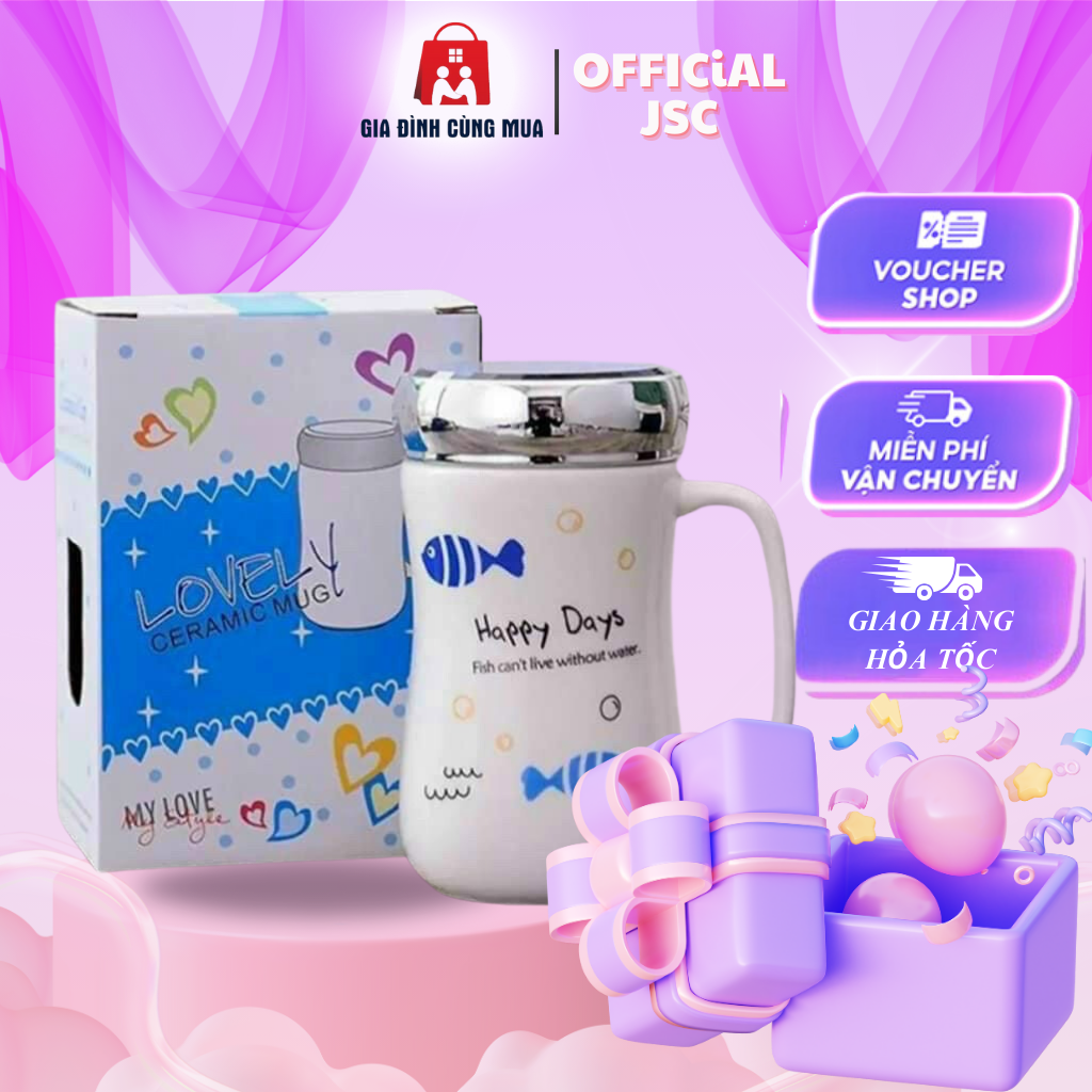 (Hàng Việt Nam sản xuất) Cốc sứ giữ nhiệt cao cấp có nắp gương 500ml, ly sứ giữ nhiệt nắp gương vẽ họa tiết siêu dễ thương, cốc giữ nhiệt bằng sứ loại mới, cốc uống nước