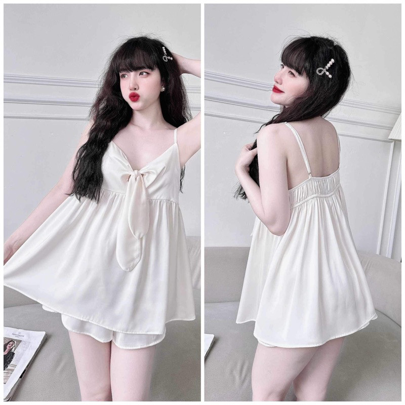 Set đùi lụa satin hai dây phối nơ xịn mịn mềm mát freesize 60kg. đồ bộ đùi lụa satin dễ thương nguyên khánh store
