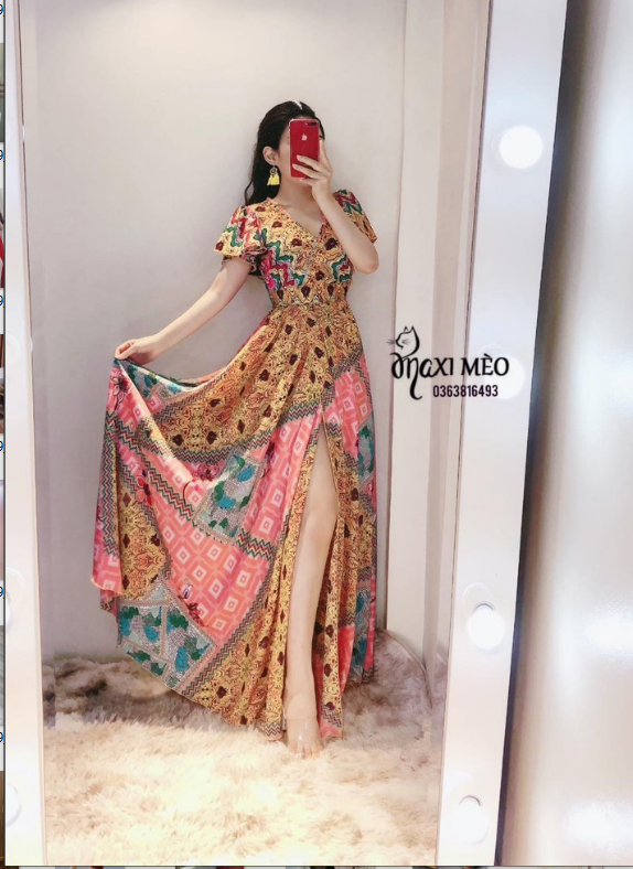 Maxi tay con cổ v  xẻ đùi cao cấp-QH