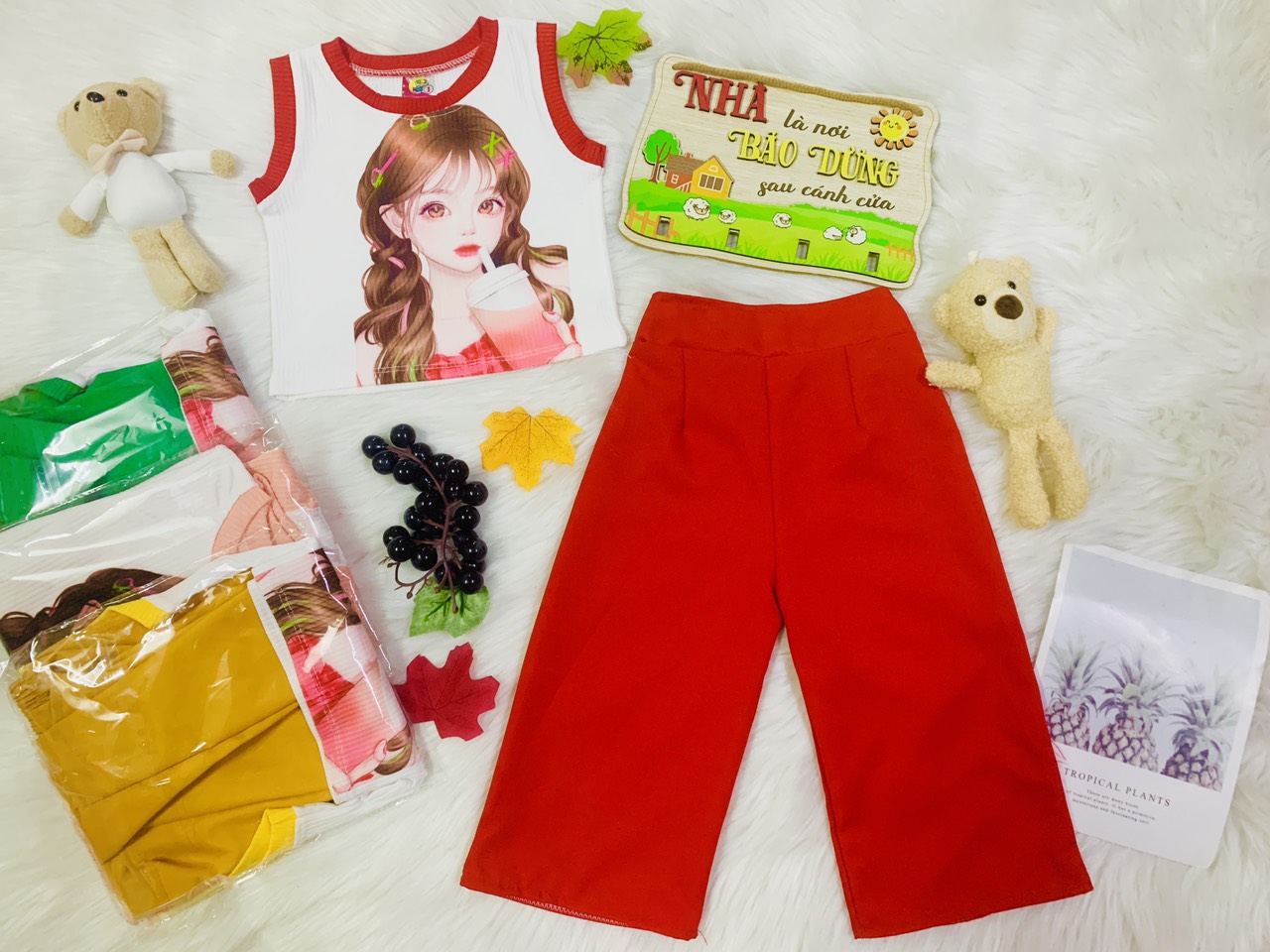 Set Áo Thun Gân Quần Lửng Ống Rộng Bé (6-14kg) (giao màu ngẫu nhiên)