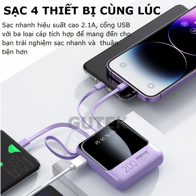 Sạc dự phòng 20000mAh Gutek P301 dung lượng pin lớn tích hợp dây sạc nhanh cho nhiều thiết bị điện thoại