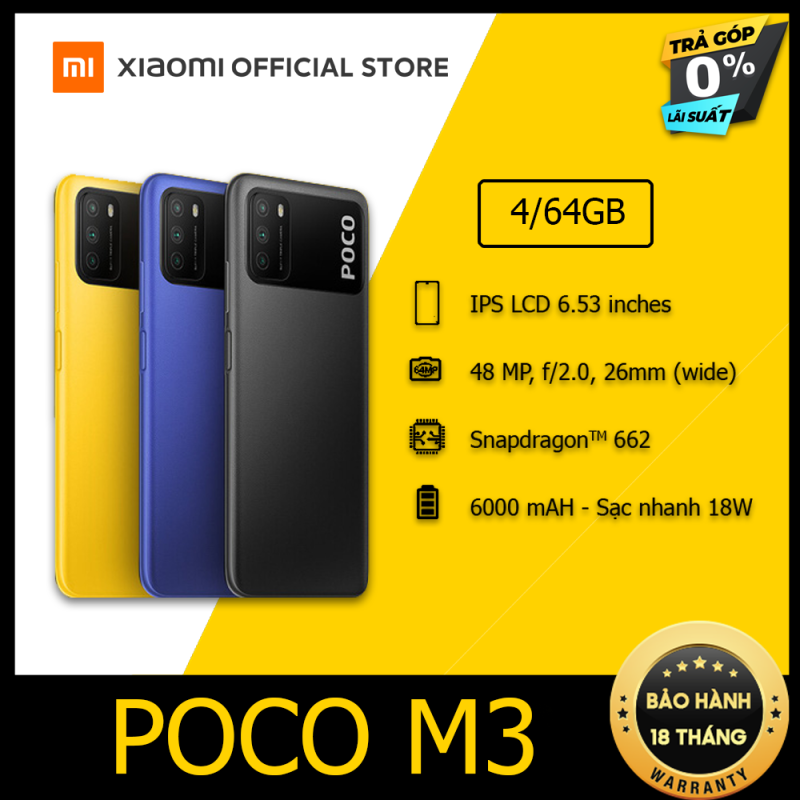[XIAOMI OFFICIAL] Điện thoại POCO M3 4GB/64GB - Chip Snapdragon 662, Màn hình 6.53, Pin 6,000mAH, Sạc nhanh 18W, Camera sau 48MP, Android 10, MIUI 12 - BH Chính hãng 18 tháng