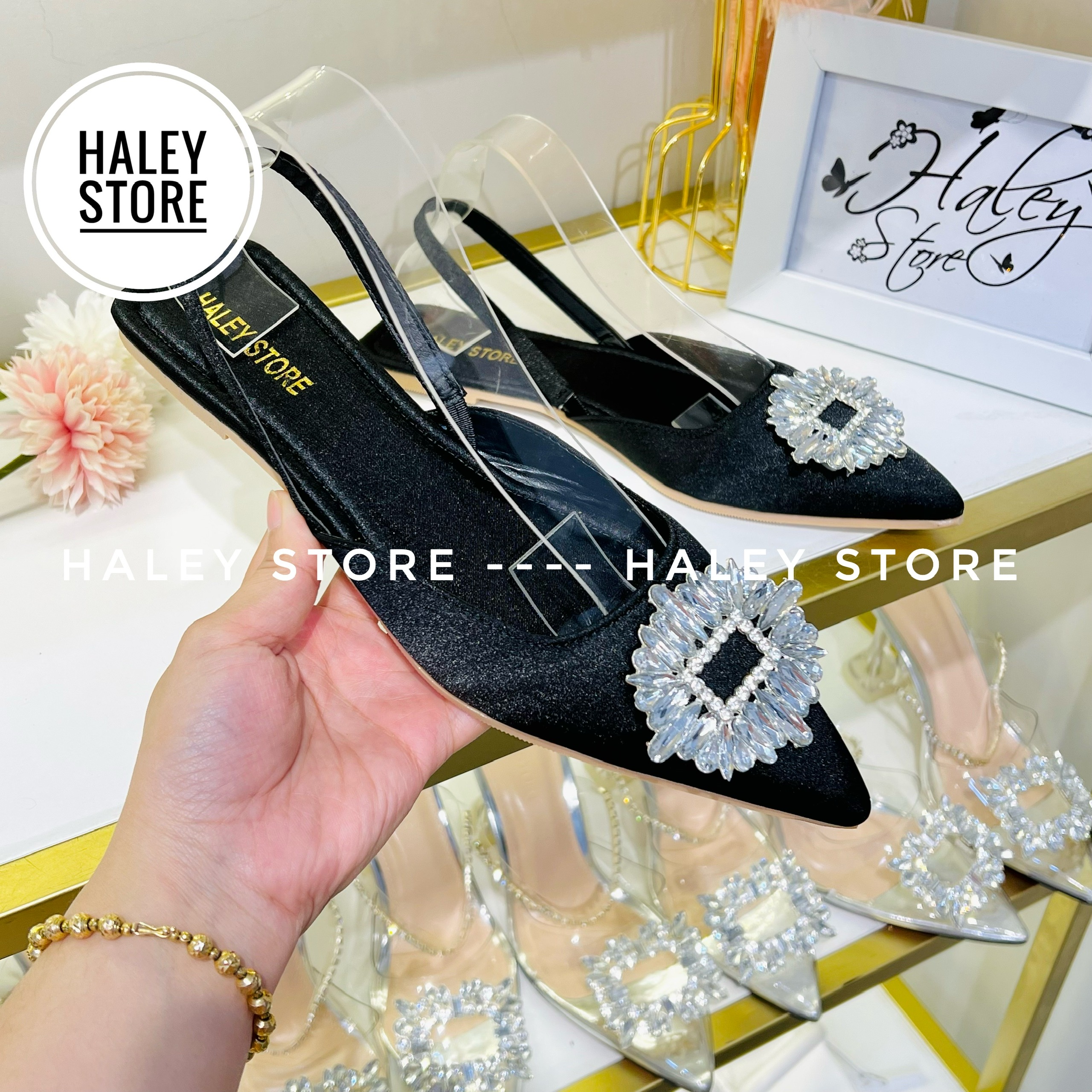 Giày bít bệt zza/ra HALEY STORE gót phẳng đính đá bít mũi quai kéo tiểu thư cô dâu tiệc cưới đi chơi du lịch êm chân
