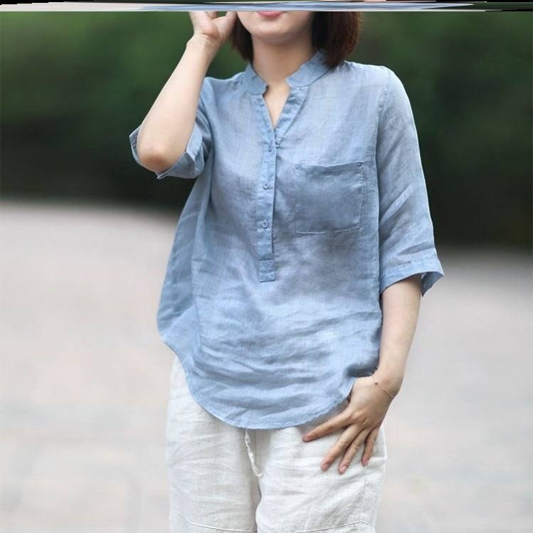 áo sơ mi nữ cổ trụ,chất đũi - A25