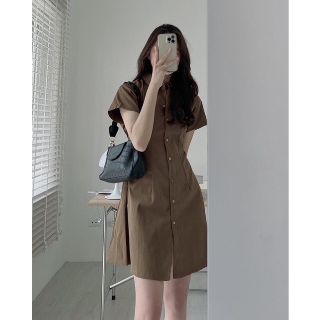 Đầm váy sơ mi xoè cổ polo có chiết eo kèm ảnh thật có bigsize - top1shop