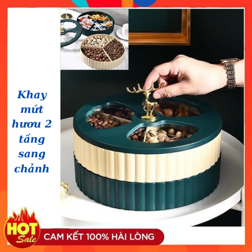 Hộp mứt tết, khay bánh kẹo 2 tầng tròn nắp hươu cao cấp, sang trọng, hiện đại phong cách châu âu