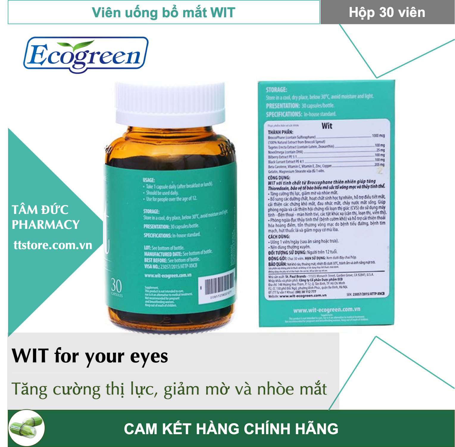 WIT [Hộp 30 viên] - Viên uống bổ mắt, tăng cường thị lực [ECO GREEN]