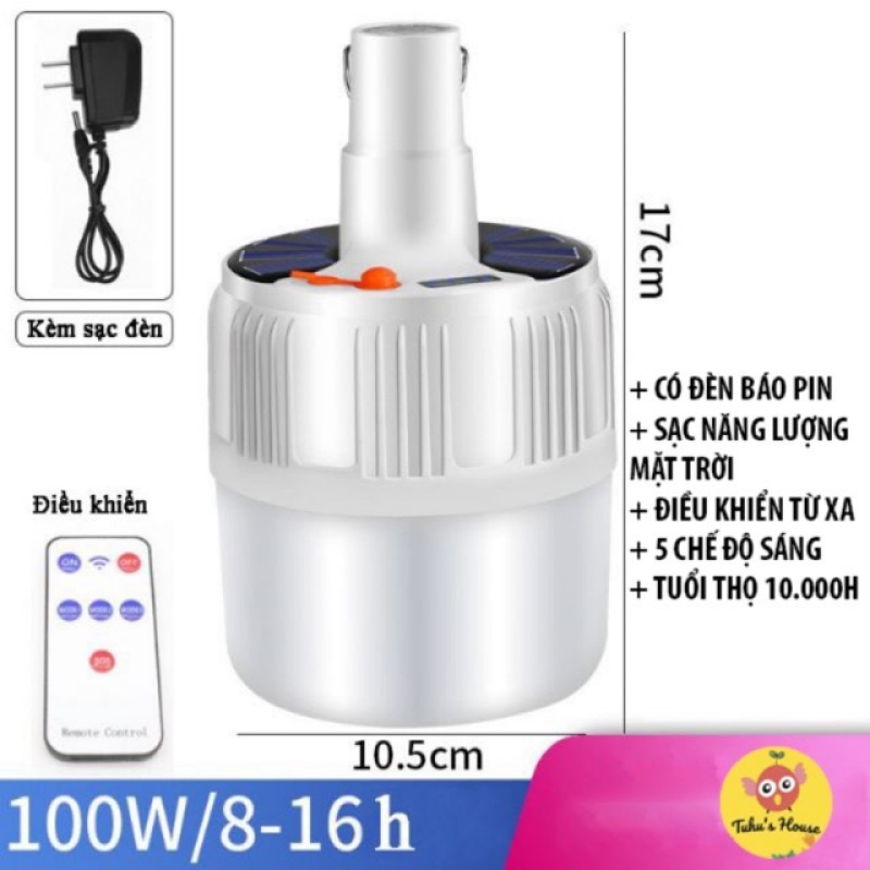 Bóng Đèn Led Tích Điện Năng Lượng Mặt Trời 100w - Có Điều Khiển Từ Xa - 5 Chế Độ Sáng