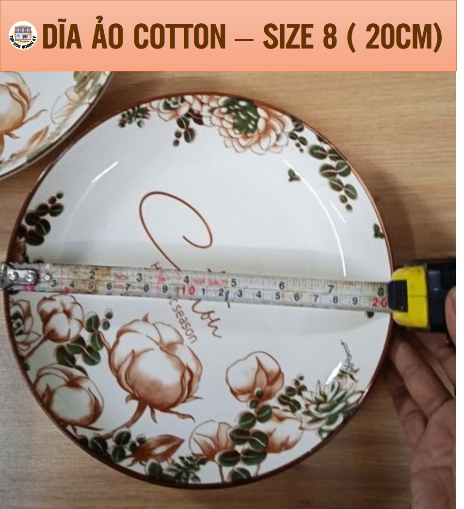 Ceramic Round Plate with Cotton Flower Pattern - Diameter 20cm (Size 8)