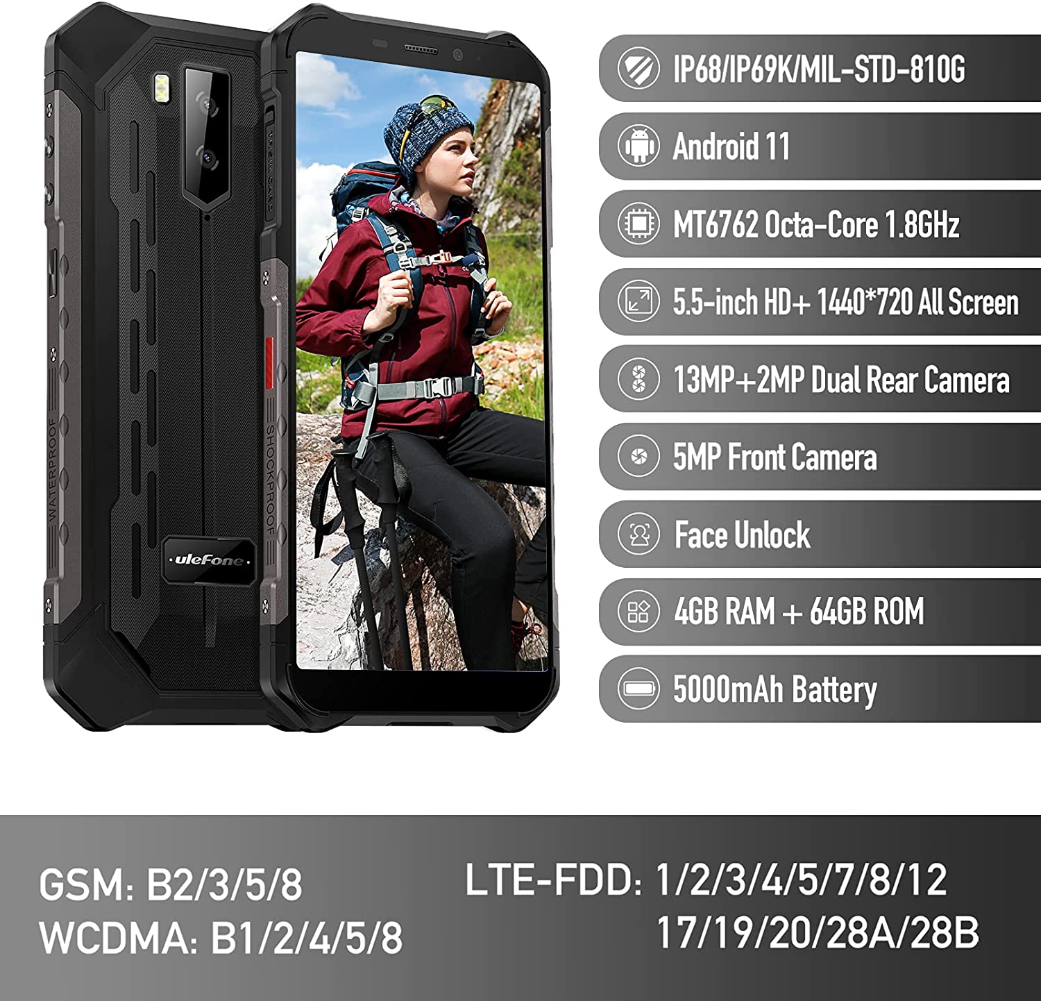 Điện thoại Ulefone Armor X9 pro(chống nước,chống sốc,chống va đập,Ram 4Gb,Rom 64 Gb,Androi 11)