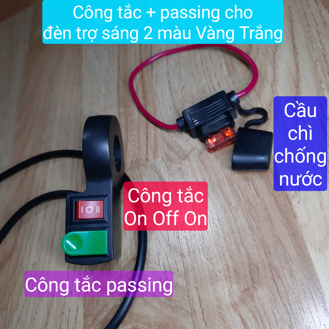 Combo công tắc Xanh đỏ On Off On và Cầu chì chống nước cho đèn trợ sáng 2 màu