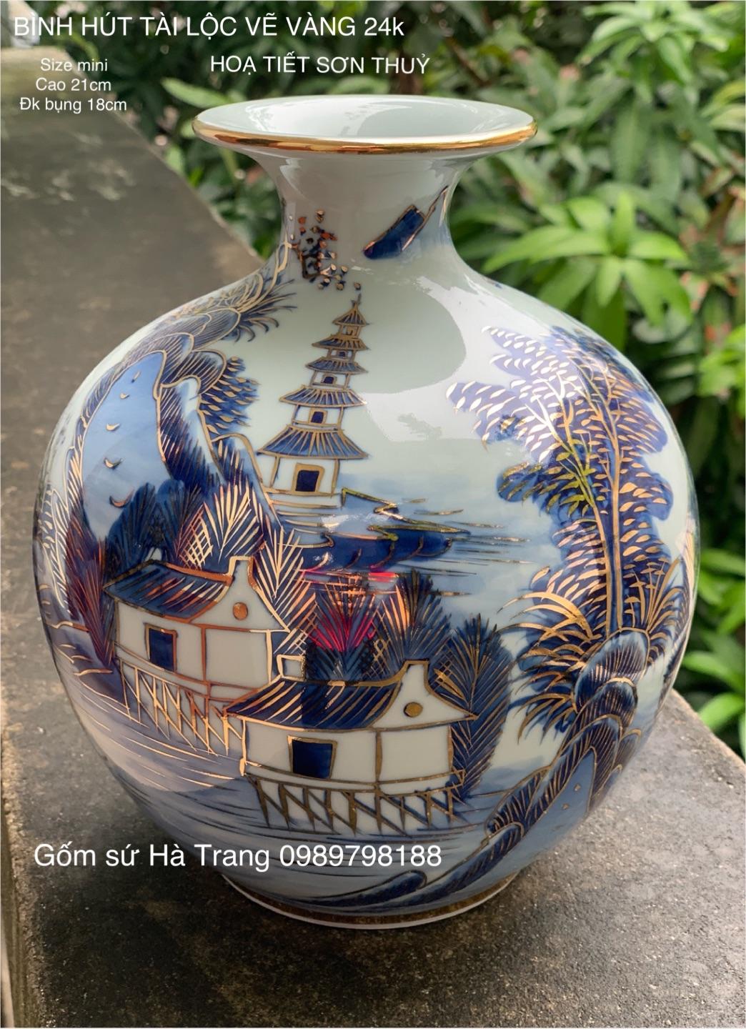 BÌNH HÚT TÀI LỘC GỐM SỨ BÁT TRÀNG VẼ VÀNG 24K CAO CẤP HOẠ TIẾT SƠN THUỶ SIZE MINI CAO 21cm