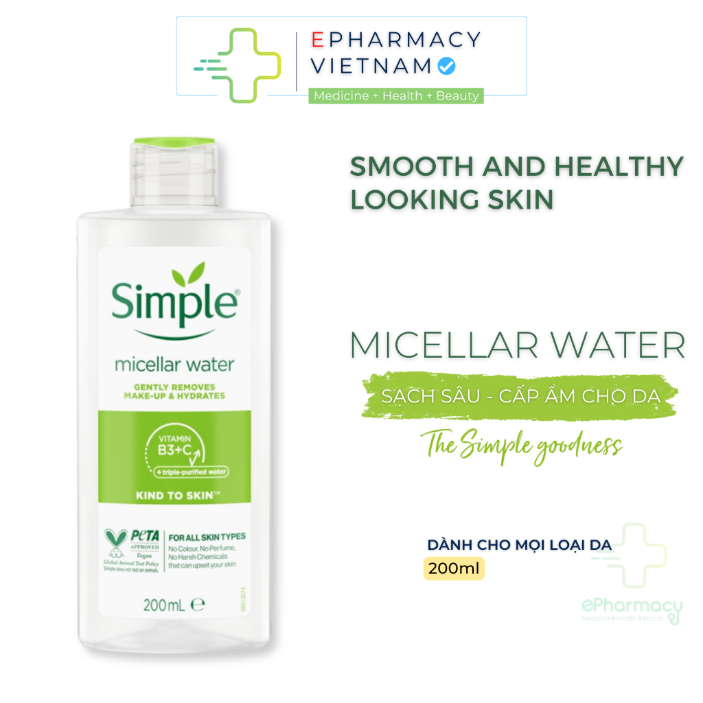 Nước tẩy trang Simple Micellar Cleansing Water làm sạch 99% trang điểm, cho da thoáng mịn tức thì 200mL/ 400mL