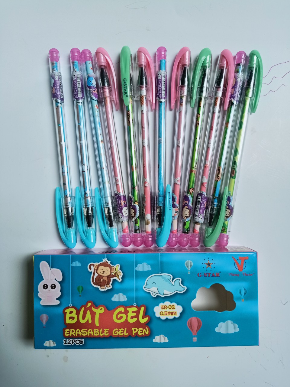 12 CÂY BÚT GEL XOÁ ĐƯỢC ER-02 TÍM thân cây hình con vật dễ thương lôi cuốn cho bé viết bài, không lem, không tắt mực, có đầu gôm dễ dàng bôi xoá