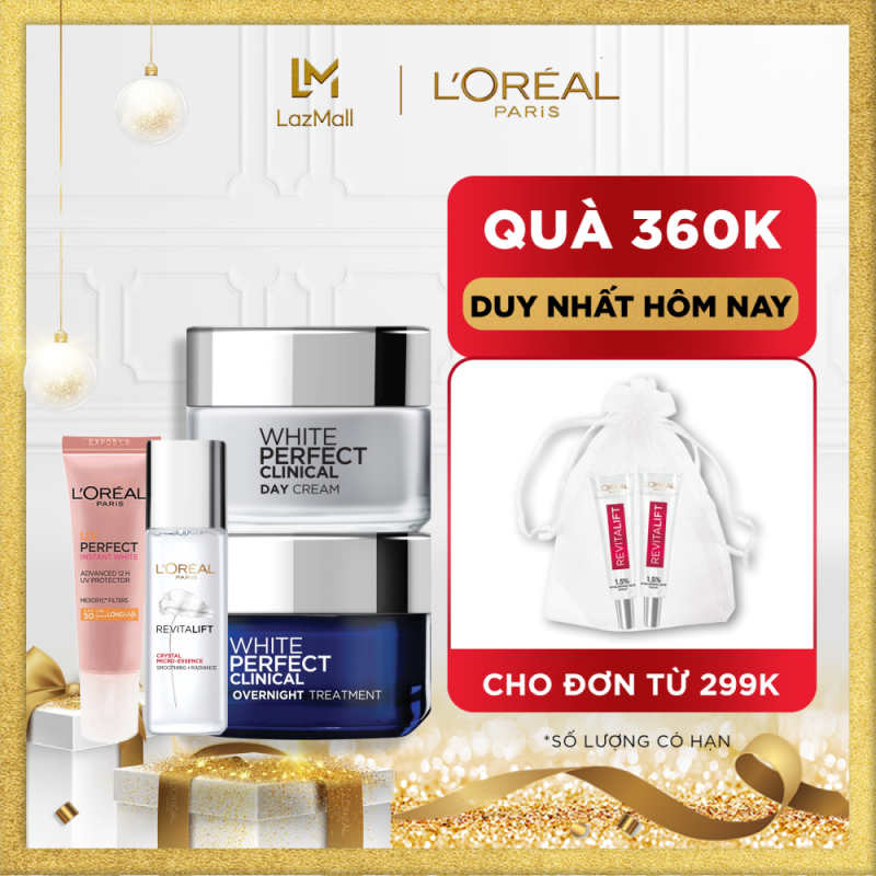 Bộ kem dưỡng trắng chuyên sâu làm mờ thâm nám White Perfect Clinical kèm kem chống nắng làm trắng rạng rỡ da UV Perfect Rosy White & Dưỡng Chất Căng Mướt Da Crystal Micro-Essence 22ml nhập khẩu