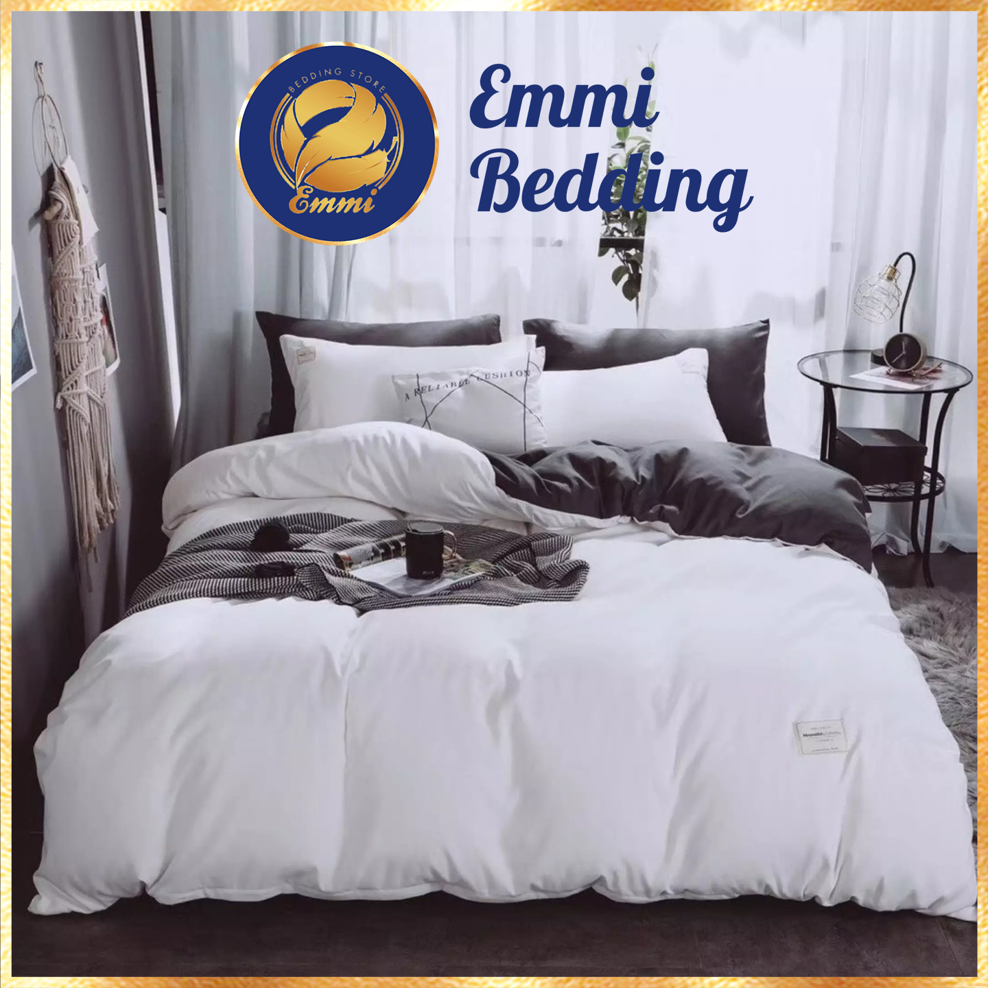 Chăn ga gối nệm EmmiBedding Cotton TC TRẮNG GA GHI, set 4 món gồm 1 vỏ chăn, 1 ga bọc chun theo yêu cầu, 2 vỏ gối nằm, ga giường cao cấp chất liệu mềm mịn, thoáng mát, phối màu phong cách Hàn Quốc